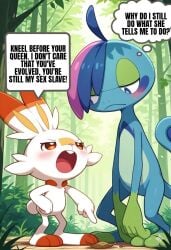 ai_generated anguirus12345 anthro blue_body blush closed_mouth dialogue drizzile duo english_text explicit_text eye_contact female forest forest_background generation_8_pokemon looking_at_another male nintendo open_mouth pokemon pokemon_(species) scorbunny size_difference talking_to_another text_bubble thought_bubble white_fur