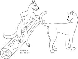animal_genitalia anus balls black_and_white canid canine dialogue_in_description duo felid feline female feral fur genitals log looking_back male male/female mammal monochrome sheath smile standing tail urbanhermit wood