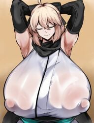 1girls areola armpits arms_up armwear big_areola big_breasts big_nipples blonde_hair breasts breasts_focus closed_eyes clothed clothing erect_nipples fate/grand_order fate_(series) female gigantic_breasts huge_areola huge_breasts huge_nipples hyper hyper_breasts nipples nipples_visible_through_clothing okita_souji_(fate) okita_souji_(fate)_(all) owner1657 owner_(artist) short_hair sweat sweatdrop sweating sweaty sweaty_body wet_body wet_clothes wet_clothing wet_skin