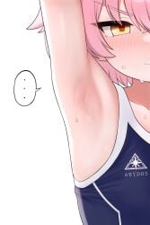 ... 1girl absurdres abydos_high_school_swimsuit arm_up armpit_focus armpits bare_shoulders blue_archive blue_one-piece_swimsuit blush close-up closed_mouth collarbone commentary_request embarrassed flat_chest frown hair_between_eyes highres hoshino_(blue_archive) hoshino_(first_year)_(blue_archive) looking_at_viewer one-piece_swimsuit pink_hair presenting_own_armpit saho_4545 school_swimsuit short_hair simple_background solo spoken_ellipsis sweat swimsuit upper_body v-shaped_eyebrows white_background yellow_eyes
