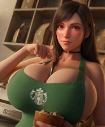 apron bar barista big_ass big_boobs big_breasts big_nipples big_tits boob_squeeze boob_squish final_fantasy tifa_lockhart