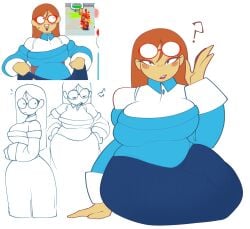big_ass big_breasts blue_dress circular_glasses glasses_on_head kindergarten_3 ms._lovelett nerdy_female pawg vicanderson would
