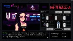 2girls beatrice_albert black_hair censor_bar dialogue edit embarrassed_nude_female female julianne_stingray kira_miki light-skinned_female light_skin long_hair looking_away mod naked pixel_art ponytail solo solo_female solo_focus spiritofrei sweat sweatdrop text va-11_hall-a warning_sign