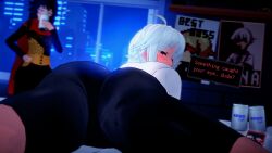 2girls 3d ahoge ass ass_focus bed beer_can big_ass blush brown_hair dana_zane dialogue dialogue_box female female_only gabrielle_(va-11_hall-a) hand_on_hip koikatsu light-skinned_female light_skin long_hair looking_at_viewer looking_back nervous phone phone_screen poster_(object) scarf spiritofrei surprised surprised_expression text va-11_hall-a white_hair
