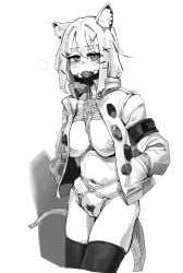 1girl a_tea animal_ear_fluff animal_ears arknights breasts character_request commentary_request drooling gag gag_under_mask gagged highres jacket large_breasts long_hair looking_at_viewer mask monochrome mouth_mask navel nipples shibari shibari_under_clothes skindentation solo stomach tail thighhighs