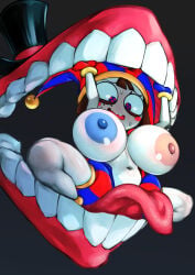 1boy 1girl absurdres alternate_breast_size arm_support asymmetrical_gloves blue_eyes blue_gloves blue_hat blue_nipples blush_stickers breasts brown_hair caine_(the_amazing_digital_circus) colored_nipples contrapposto cowboy_shot gloves hat hat_bell highres jester jester_cap kyugata kyuugata large_breasts medium_hair mismatched_gloves monster_boy multicolored_eyes multicolored_hat nervous_smile nipples open_clothes pomni_(the_amazing_digital_circus) pun red_eyes red_gloves red_hat red_nipples restrained short_sleeves smile squatting striped_clothes striped_headwear sweat the_amazing_digital_circus thigh_gap tongue tongue_out two-tone_eyes vertical-striped_bodysuit vertical-striped_clothes vertical-striped_headwear vore wavy_mouth