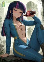 ai_generated bodysuit bottle chibi english_text equestria_girls fallout flat_chest glass_bottle grin hasbro holding_bottle humanization humanized jumpsuit knees_up looking_at_viewer multicolored_hair my_little_pony navel open_bodysuit post-apocalyptic pouring pouring_on_breasts pouring_on_self purple_eyes ruins sitting smile soda text twilight_sparkle_(eg) twilight_sparkle_(mlp) vault_suit