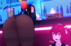 2girls 3d annoyed annoyed_expression ass ass_focus big_ass black_hair dialogue dorothy_haze female female_only julianne_stingray koikatsu light-skinned_female light_skin long_hair looking_at_another looking_at_viewer looking_back open_mouth pale-skinned_female pale_skin pantyhose red_hair short_hair spiritofrei surprised surprised_expression text uniform va-11_hall-a