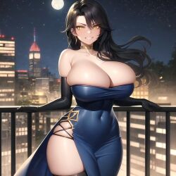 1girls ai_generated balcony black_hair cinder_fall city cityscape cleavage dress huge_breasts moon night rwby smile solo yellow_eyes