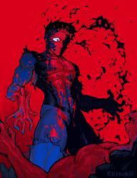 2boys absurdres artist_name black_bodysuit black_hair blood blood_on_clothes blood_on_face blue_bodysuit bodysuit broken_arm broken_finger commentary conquest_(invincible) constricted_pupils english_commentary exposed_bone guro highres invincible_(character) invincible_(series) male_focus mark_grayson multicolored_bodysuit multiple_boys muscular muscular_male no_mouth red_background red_eyes reykun short_hair spoilers superhero_costume torn_clothes two-tone_bodysuit