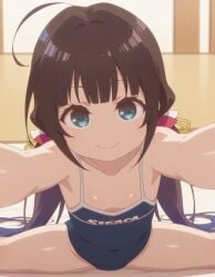 ai_generated bare_legs beautiful_girl blue_eyes brown_hair flat_chest gymnastics heavenly_ass heavenly_body hinatsuru_ai long_hair open_legs perfect_body petite_female posing pretty_girl sexy_pose slim_female slim_waist slutty_body slutty_female small_breasts temptation tempting_viewer