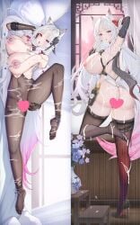 1girl animal_ear_fluff animal_ears areola_slip ass backon black_gloves black_panties breasts censored character_request commentary_request cowboy_shot cum cum_on_ass cum_on_body cum_on_breasts cum_on_legwear dakimakura_(medium) dress facial flower folded_fan folding_fan fox_ears fox_girl from_behind full_body gloves hair_flower hair_ornament hand_fan heart heart_censor holding holding_fan huge_breasts long_hair longyan_(snowbreak) looking_at_viewer nipples panties red_eyes red_flower snowbreak:_containment_zone solo tongue tongue_out underwear white_dress white_hair
