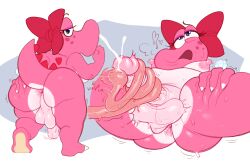anthro anus areola balls birdo bodily_fluids bow_ribbon breasts eyelashes fellatio genitals hi_res kaboozey looking_at_viewer mario_(series) nintendo nipples oral orgasm penile penis ring sex solo sweat tongue