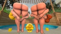 2girls 3d 3d_(artwork) ass ass_focus big_ass big_butt blonde_hair butt duo female female_only ginger_hair heart_butt huge_ass kabalmystic_(style) looking_at_viewer mario_(series) naked nintendo nude pool princess_daisy princess_peach self_upload silverade55 teasing