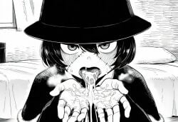 1girls ai_generated black_and_white breasts clothed clothes clothing coat cum cum_in_mouth cum_on_face cum_on_hand cum_on_tongue cumdrip cupping_hands facial female flat_chest franken_fran hat hot_breath madaraki_veronica manga_style monster_girl paigen patchwork_skin scar short_hair stitches zombie zombie_girl