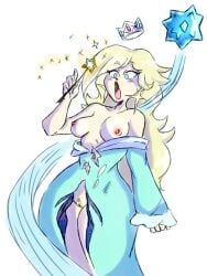 1girls 2022 2d blonde_hair blue_dress breasts breasts_out clothing color crown dress earrings eyebrows_visible_through_hair female female_only hi_res holding_object light-skinned_female light_skin long_hair long_sleeves magic_wand mario_(series) nintendo nipples open_mouth partially_clothed princess princess_rosalina princesskari pubic_hair pussy simple_background solo solo_female standing star_bits torn_clothes wand wardrobe_malfunction white_background