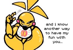animatronic animatronic_female beakless big_ass chicken chicken_girl dialogue eyes_emoji female five_nights_at_freddy's five_nights_at_freddy's_2 five_nights_at_frickbears fnaf nanodude78 phasianid robot robot_girl scottgames solo toy_chica_(fnaf) yellow yellow_skin