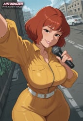1girls ai_generated april_o'neil april_o'neil_(tmnt_1987) artoonizer belt big_ass black_eyes blush breasts brown_hair female female_focus female_only human human_only jumpsuit large_breasts light-skinned_female light_skin looking_at_viewer microphone narrow_waist outdoors patreon patreon_username posing selfie short_hair smile solo solo_female solo_focus standing teenage_mutant_ninja_turtles thick_thighs tmnt tmnt_1987 turtle viewed_from_above yellow_pants yellow_shirt