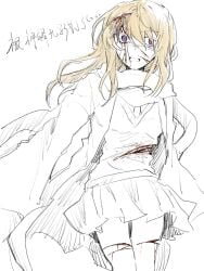 1girl alternate_costume blonde_hair chinese_text coat commentary dated_commentary deep_wound guro highres injury long_sleeves maribel_hearn missing_headwear necktie oriharareimu purple_eyes scarf shirt skirt solo touhou translation_request white_background winter_clothes