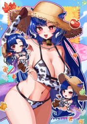 1girl 1girls :d animal_print apple bell big_breasts bikini blue_hair boots breasts chibi chibi_inset cleavage commentary constellation cow_print cow_print_bikini cow_print_gloves cowbell curvy dragon_girl dragon_horns dragon_tail elbow_gloves english_commentary female fingerless_gloves food fruit gloves grey_horns hat heart heart-shaped_pupils highres horns indie_virtual_youtuber large_breasts leaf long_hair looking_at_viewer maple_leaf navel one_eye_closed open_mouth print_bikini print_gloves purple_tail rake red_eyes smile solo starry_hair sun_hat swimsuit symbol-shaped_pupils tail thighs tits vienna_(vtuber) virtual_youtuber vtuber wide_hips