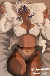 1girls 2d 2d_(artwork) 2d_artwork ahoge baddie bed bed_sheet bedding belly belly_button bewitching_thighs blank_expression blank_eyes blank_stare blue-haired_female blue_fingernails blue_hair blue_nail_polish blue_nails bored bored_expression bra breasts brown-skinned_female brown_legwear brown_pantyhose brown_skin brown_skinned_female brown_stockings brown_tights child_bearing_hips collarbone curvaceous curvaceous_body curvaceous_female curvaceous_figure curvaceous_hips curvy curvy_body curvy_female curvy_figure curvy_hips digital digital_art digital_drawing digital_drawing_(artwork) digital_media digital_media_(artwork) drawing emotionless female female_focus female_only fertile fertile_hips fingernails fingers fit_female frilled_bra frilled_panties frilled_underwear glasses glasses_on_face glasses_on_head grabbing_pillow groin hair_between_eyes head_tilt hip_dips hourglass_figure inguinal_crease inguinal_ligament knee_up knees large_breasts lascivious lean_figure legwear linea_alba looking_at_viewer lying lying_down lying_on_back lying_on_bed midriff multicolored_hair nail_polish nails naked_shirt narrow_waist navel neutral_expression on_back on_bed open_clothes open_clothing open_shirt open_topwear panties pantyhose pillow ribbon_bra ribbon_panties semi-rimless_glasses shirt short_hair shoulders slender_body slender_waist slim_female slim_waist solo split-color_hair stockings stomach thick_thighs thighs tights tilted_head toshio two-tone_hair two_tone_hair unbuttoned unbuttoned_shirt under-rim_glasses underwear upper_body voluptuous voluptuous_body voluptuous_female voluptuous_figure voluptuous_woman white-haired_female white_bed white_bed_sheet white_bedding white_bra white_hair white_panties white_pillow white_shirt white_topwear white_underwear wide_hips