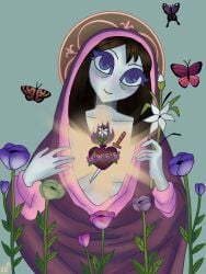 1girl 1girls 2d 2d_(artwork) 2d_artwork angelic art artist_name artist_signature artwork artwork_(digital) black_hair blue_eyes butterflies butterfly catholicism christianity closed_mouth closed_mouth_smile closed_smile digital digital_art digital_media eyes eyes_open female female_focus female_only flower flowers green_flower hair heart holy holy_aura holy_woman light-skinned_female light_skin medium_hair mouth mouth_closed no_visible_genitalia no_visible_nipples open open_eyes pink_flower purple_flower purple_flowers questionable rapetard religion s0d0my_s1n smile smiling smiling_at_viewer smiling_female solo solo_female solo_focus soyjak.party soytan straight_hair virgin virgin_mary white_flower white_flowers
