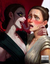 2girls ai_generated black_hair blush breast_press breasts brown_eyes brown_hair cleavage collarbone evil_smile hair_bun large_breasts long_tongue medium_breasts multiple_girls open_mouth philon rey saliva saliva_trail sharp_teeth single_hair_bun stable_diffusion star_wars teeth tongue tongue_out upper_body yellow_eyes you_gonna_get_raped yuri