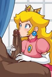 ai_generated black_body blonde_hair closed_eyes clothed_female_nude_male crown huge_penis interracial kissing_penis mario_(series) precum princess_peach veiny_penis white_gloves