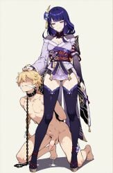 aether_(genshin_impact) ai_generated dominant_female duo elkazama_yumi female femdom genshin_impact leashed_male male nude_male penis raiden_shogun slave slave_boy