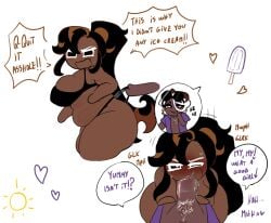 1boy 1girls affogato_cookie before_and_after bikini blowjob blowjob_face caramel_arrow_cookie clothed clothed_male_nude_female completely_nude_female cookie_run cookie_run_kingdom dark-skinned_female dark-skinned_male dialogue enemies_having_sex enemies_to_lovers fellatio gagging magpiered magpieredd male/female multiple_views partially_clothed pubic_hair pulling_bikini_string sex straight talking_to_partner text_bubble