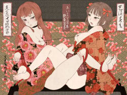 2girls amami_haruka bdsm bondage bound bound_together bow brown_hair cloritin commentary_request female female/female female_only forced_partners hair_bow idolmaster japanese_clothes kimono lesbian lesbian_sex multiple_girls nihonga nipple_chain red_hair scissoring shibari spread_legs tougouji_reika tribadism ukiyo-e yuri