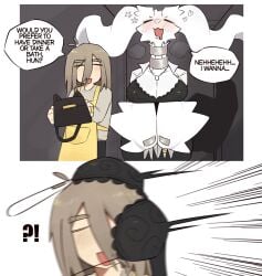 1boy 1girls anthro biped bottomwear bra breasts clothing comic dialogue duo english_text exclamation_point eyebrows eyes_closed female fingers fur generation_5_pokemon hair heart_symbol hi_res human legendary_pokemon male mature_female milf nintendo pokemon pokemon_(species) question_mark reshiram speech_bubble svkhaiminh text topwear underwear white_body white_fur