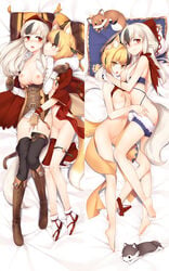 2girls animal_ears areolae blue_hair blush breasts cuddly_octopus fire_emblem fire_emblem_fates fox_ears fox_tail fur_trim golden_hair grey_hair hood hoodie kyuri_(405966795) long_hair looking_at_viewer lying multicolored_hair multiple_girls nail_polish navel nipples on_back on_side open_mouth orange_eyes red_eyes selkie_(fire_emblem) smile tail two_tone_hair velouria_(fire_emblem) wolf_ears wolf_tail