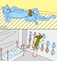 balls bedding bedroom blanket blue_body blue_fur brown_body brown_fur castration cock_and_ball_torture colored duo felid feline feral frown fur genital_mutilation genital_torture genitals hammer inside lying male male/male mammal matchstick mouse murid murine mutilation nails on_side penis pillow pinned rodent standing thread_spool tools urbanhermit