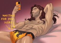 amber_eyes bulge bulge_under_clothes dispatch_(game) flambae long_hair male_only nipple_piercing shirtless zinch15025
