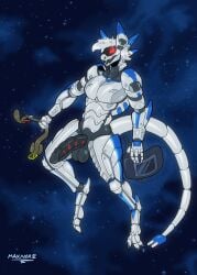 absurd_res android anthro balls floating genitals hi_res holding_object machine male male_anthro maxner12 nude_anthro nude_male penis robot segmented_penis segmented_tongue solo space star synth_(vader-san)