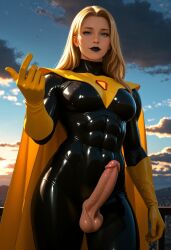 1futa abs ai_generated balls black_lipstick blonde_blazer blonde_hair blue_eyes breasts dispatch_(game) erection fit fit_futa futanari goth long_hair muscular muscular_futa penis sparcy superheroine testicles