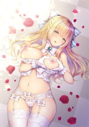 1girl bare_arms bare_shoulders blonde_hair bow bowtie breasts breasts_out cameltoe checkered_floor cleavage cowboy_shot flower garter_belt gloves green_eyes hair_bow half_updo heart heart-shaped_boob_challenge heart_hands kuroe_(sugarberry) large_breasts long_hair looking_at_viewer lying navel nipples on_back on_floor panties parted_lips petals red_flower rose sidelocks solo stomach striped striped_bow thighhighs thighs underwear white_bow white_gloves white_panties white_thighhighs wonderland_wars