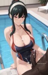 1boy 1girls ai_generated aisuyuni big_breasts big_penis blacked breasts cheating cheating_female cheating_girlfriend cheating_wife cuckold cuckolding cum cum_on_body dark-skinned_male dark_hair headband interracial large_breasts netorare ntr penis red_eyes spy_x_family swimming_pool swimsuit veiny_penis water yor_briar yor_forger