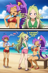 1futa 1futa2girls 2girls :3 beach blonde_hair crossover dialogue disgusted_look eastern_and_western_character fanning_self fire_emblem fire_emblem_awakening futanari golden_shower herchi ice_cream if_they_mated nah_(fire_emblem) nintendo nowi_(fire_emblem) outdoors peeing peeing_on_another peeing_on_chest pissing pointy_ears purple_hair shantae shantae_(character) shorts sitting_on_bench sweating tan_body urinating_futa wayforward