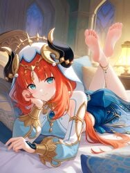 ai_generated anklet arabian_architecture arabian_clothes barefoot bed blue_eyes crossed_legs fake_horns feet feet_up genshin_impact harem_outfit jewelry lamp legs looking_at_viewer lying_on_stomach medium_breasts middle_eastern_architecture nail_polish nilou_(genshin_impact) pillow puffy_sleeves red_hair resting smile soles the_pose toes window