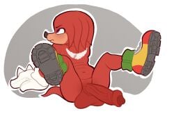 anthro balls blush clothing echidna erection footwear footwear_only foreskin genitals gloves handwear hi_res kaboozey knuckles_the_echidna male mammal monotreme mostly_nude nude penis sega shoes shoes_only solo sonic_the_hedgehog_(series)