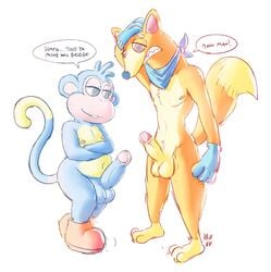 anthro balls boots_(character) canine comparing dora_the_explorer duo fox ikiki male male_only mammal monkey penis primate swiper tagme yaoi