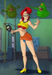 beaded_necklace bra breasts dual_persona eyeshadow ghost ghostbusters glasses janine_melnitz miniskirt miniskirt_lift necklace panties pke_meter pulled_up_skirt red_hair slimer tank_top tank_top_lift the_real_ghostbusters