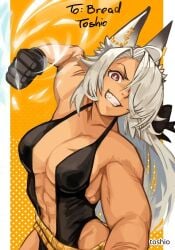 1girl 1girls abs adult adult_female ahoge animal_ears belly big_boobs big_breasts brown-skinned_female brown_skin brown_skinned_female busty busty_female busty_girl eyebrows_hidden_by_hair fit_female grin grinning grinning_at_viewer hair_covering_eye hair_over_eye hair_over_one_eye head_tilt large_boobs large_breasts mature mature_female mature_woman muscular muscular_female nipple_bulge parted_lips punching_viewer red-eyed_female red_eyes smile smiley_face smiling smiling_at_viewer stomach tilted_head toshio white-haired_female white_hair white_pupils woman yellow_background