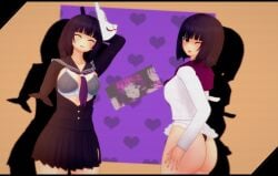 2girls 3d amputee anna_graem ass big_ass black_hair bra hand_behind_head hand_on_ass happy koikatsu long_hair looking_at_viewer mask open_mouth open_shirt partially_clothed seifuku simple_background skirt spiritofrei tongue tongue_out va-11_hall-a wink winking winking_at_viewer