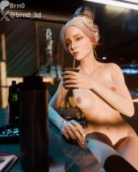 1female 1girl 1girls 3d 3d_(artwork) alternate_angle blender blue_eyes brn0 cigarette dead_by_daylight exposed_breasts kitchen legs_crossed light-skinned_female light_skin long_nails medium_breasts nipples pale-skinned_female pale_skin ponytail sable_ward self_upload sitting skinny skinny_female solo solo_female solo_focus stirrup_legwear stockings_only tagme two-tone_hair watermark white_hair yerba_mate