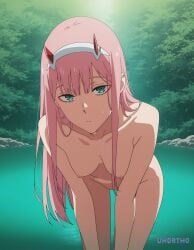 ai_generated breasts_out curious darling_in_the_franxx female forest green_eyes hairband hi_res horns leaning_forward looking_at_viewer naked nipples outdoors pink_hair tagme un0rth0 water zero_two_(darling_in_the_franxx)