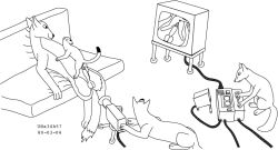 animal_genitalia anus balls black_and_white camera canid canine close-up dominant electronics female feral fox fur furniture genitals group interspecies larger_dom making_porn male male/female mammal monochrome mustelid musteline penis recording sex sheath size_difference sofa television true_musteline urbanhermit weasel working