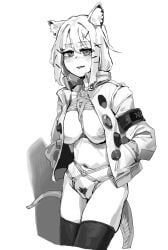 1girl a_tea animal_ear_fluff animal_ears arknights breasts character_request commentary_request highres jacket large_breasts long_hair looking_at_viewer monochrome navel nipples pubic_hair shibari shibari_under_clothes skindentation solo stomach tail thigh_gap thighhighs